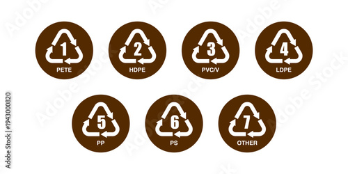 Plastic Recycling Codes. PETE, HDPE, PVC, LDPE, PP, PS, Other Vector Symbols