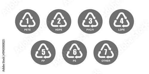 Plastic Recycling Codes. PETE, HDPE, PVC, LDPE, PP, PS, Other Vector Symbols