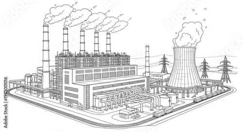 Industrial Factory with Pollution and Trees.