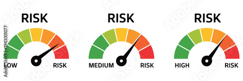 risk meter icon vector gauge, showing low medium high risk levels for dashboard analytics apps and business infographics, clean ui indicator dial symbol for finance security assessment interface.