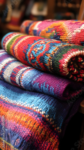 Vibrant woven textiles stacked in a cozy artisan shop, showcasing intricate patterns and rich colors