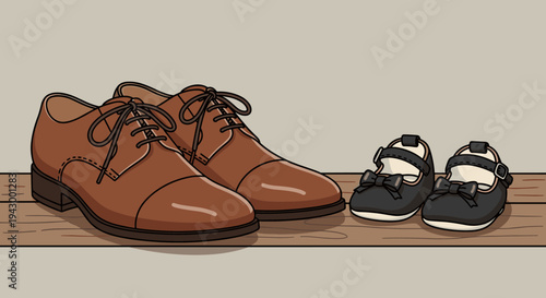 A pair of brown dress shoes alongside a pair of black baby shoes, illustrated in a modern flat style