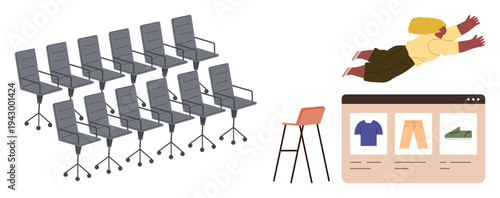 Business planning, workplace culture, digital commerce, creative freedom, interior design, product purchasing. Rows of office chairs, flying person shopping page furniture. Business planning
