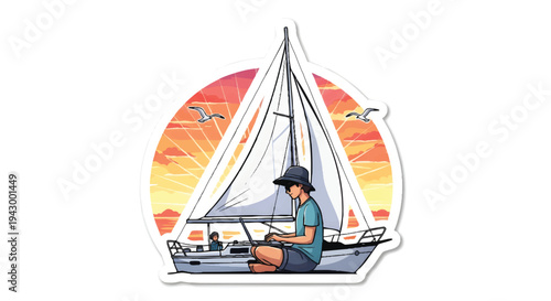 relaxing on sailboat at sunset with laptop
