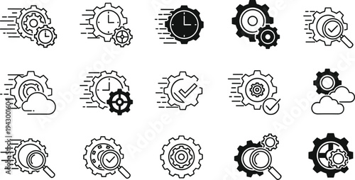 Set of time and process management icons includes gears clock magnifying glass cloud computing