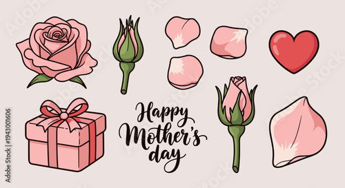 A vibrant collection of Mother's Day themed illustrations featuring roses, petals, and a gift box in a modern style
