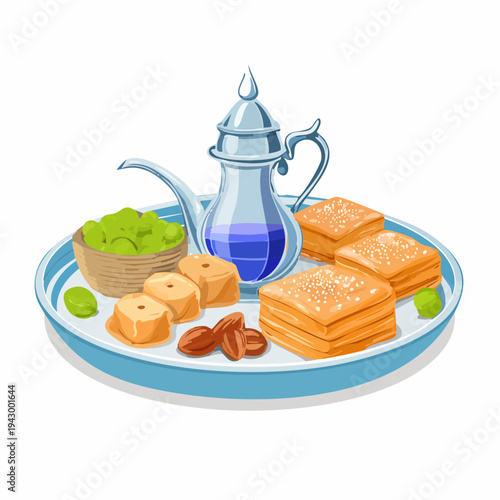 Traditional Middle Eastern sweets and baklava served on an ornate golden tray, delicious oriental desserts platter vector illustration.