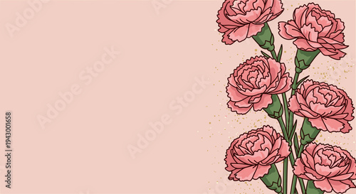 A vibrant illustration of pink carnation flowers on a soft pastel background, featuring a modern flat design style