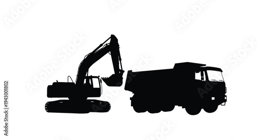 Construction machinery including an excavator and dump truck silhouette