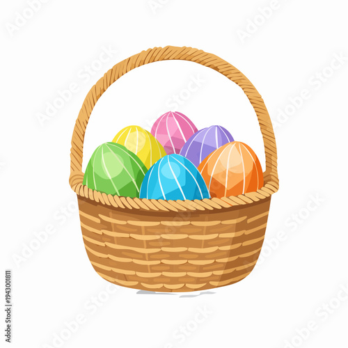 Wicker Basket Filled with Colorful Painted Easter Eggs Isolated on White Background Vector Illustration