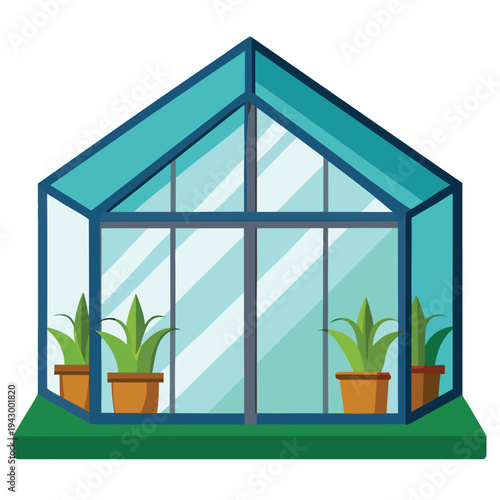 Modern Blue Glass Greenhouse with Green Potted Plants Inside for Home Gardening