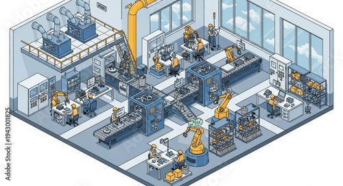 Industrial Factory with Robotics and Machinery.