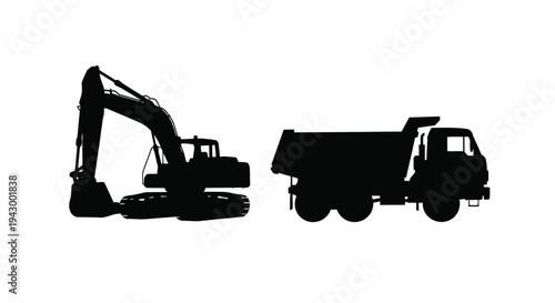 Construction machinery including an excavator and dump truck silhouette