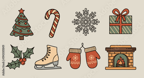 A festive collection of Christmas-themed icons including a tree, candy cane, snowflake, and more in a flat style