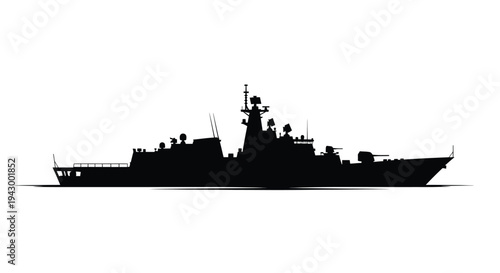Detailed black silhouette of a modern naval destroyer vessel silhouette