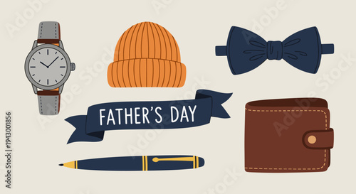 A collection of Father's Day themed items including a watch, hat, bow tie, wallet, and pen in a modern flat style