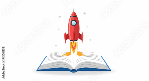 Rocket launching from open book, symbolizing learning and innovation