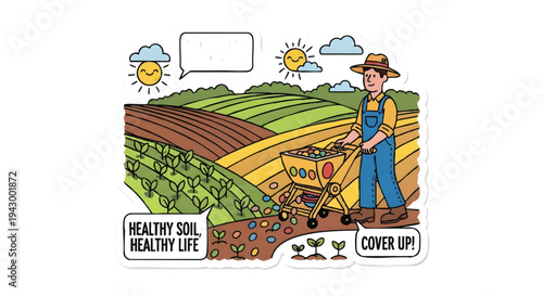 Farmer covering soil with green mulch for healthy life