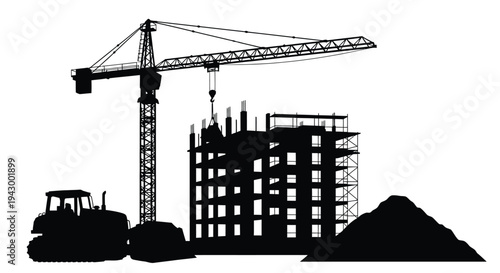 Construction site with crane and building a striking silhouette
