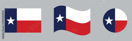 Texas State Flag Set Flat, Waving and Round Lone Star Icons Vector Illustration