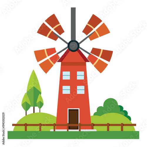 Iconic red windmill with spinning blades stands tall on a green grassy hill surrounded by trees