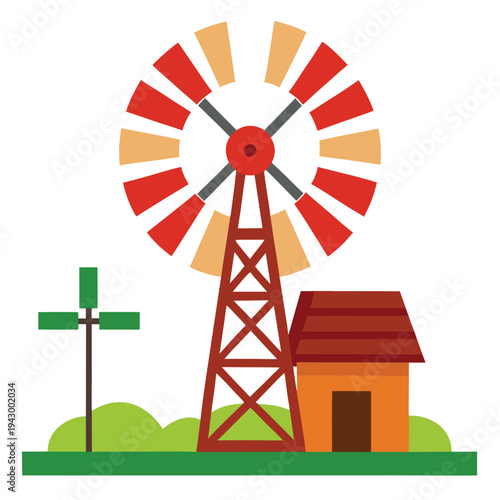 Traditional farm windmill and house in a charming rural landscape representing old agricultural technology