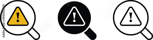 Magnifying glass with caution sign Icon set danger warning search symbol Vector Illustration