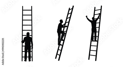 Three figures interacting with ladders in a stark black silhouette