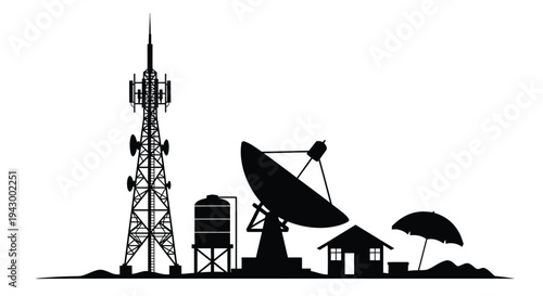 Communication towers satellite dishes and a house in stark silhouette