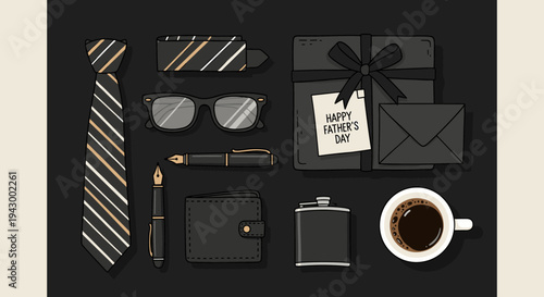 Stylish flat lay of Father's Day gifts and accessories, featuring a tie, glasses, and coffee in a modern illustration style