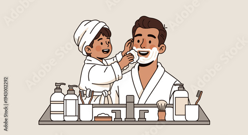 A father and son enjoying a fun grooming session at a bathroom sink, in a modern flat style