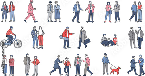 Vector Collection of Diverse People in Casual and Business Outfits Walking Talking Cycling and Dog Walking for Modern Urban Lifestyle Design