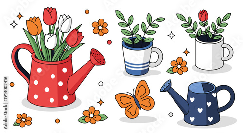 A vibrant collection of watering cans filled with colorful flowers, featuring a playful, modern illustration style