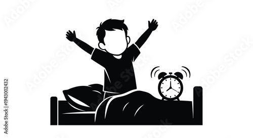 A joyful young boy wakes up with an alarm clock silhouette