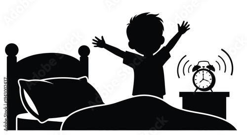 A child stretching and waking up to an alarm clock silhouette