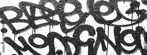 Black graffiti tagging with spray paint drips on white textured wall