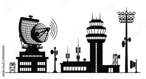Airport structures including radar and control tower black silhouette