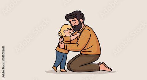 A heartwarming illustration of a father embracing his child, featuring a modern, flat design style