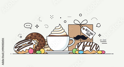 A delightful assortment of desserts including donuts, cupcakes, and a gift box, illustrated in a modern flat style
