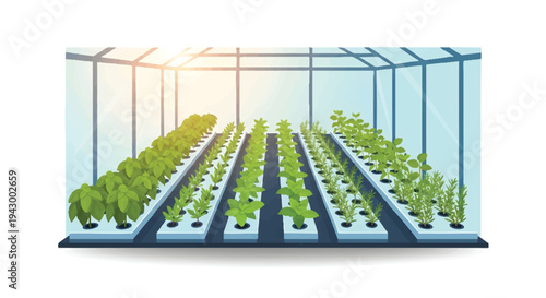 Greenhouse with rows of plants growing inside, hydroponic system