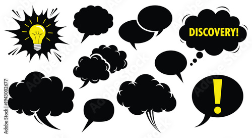 Idea bubbles and a bright lightbulb representing a new discovery silhouette