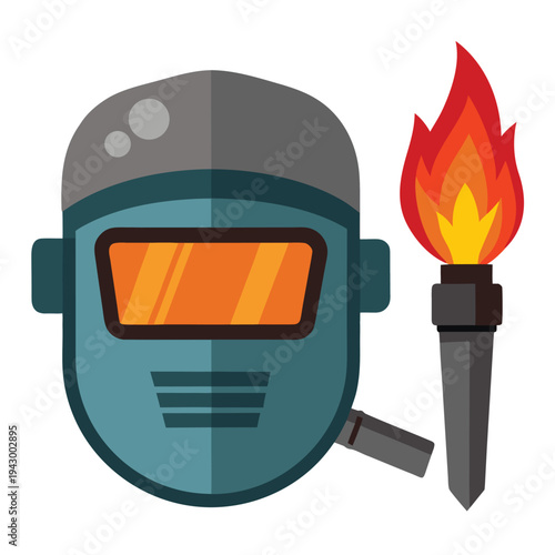 Welders protective mask and a flaming torch used in industrial construction and repair work