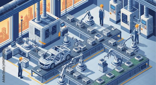 Industrial Factory Robots and Machinery.