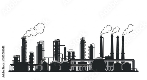Industrial Factory Silhouette with Smokestacks.