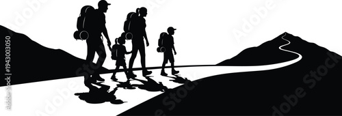 Family hikers silhouette, mountain adventure path, outdoor exploration journey, group trekking illustration, scenic wilderness travel, nature recreation scene, flavector