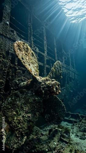 Underwater Sun Light Shines On Shipwreck Propeller In Blue Sea With Marine Growth And Sandy Seabed In Vertical Orientation