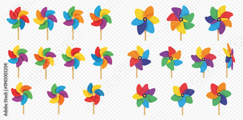 Colorful Pinwheel Collection: Vibrant Rainbow Windmills in Various Angles and Sizes, Perfect for Playful Designs.