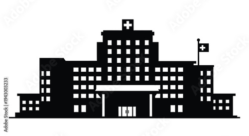 Black silhouette of a hospital building with a prominent cross silhouette