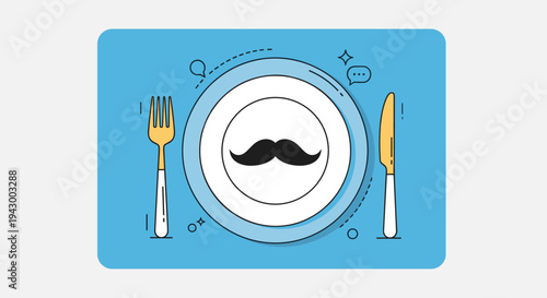 A whimsical illustration featuring a plate with a mustache design, set against a vibrant blue background in a flat style