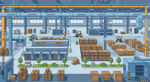Industrial Factory Warehouse Interior Scene.